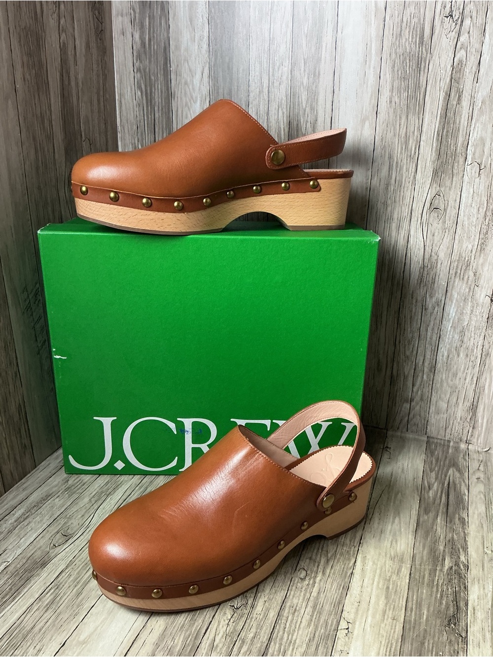 J. Crew Brown Leather Studded Clogs with Slingback